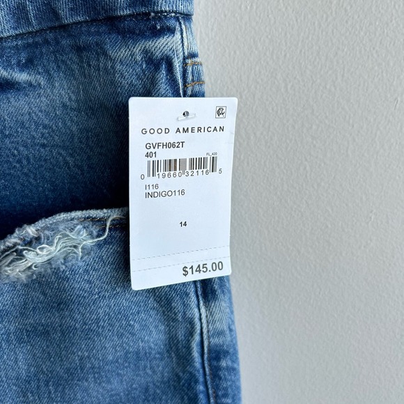 Good American Straight Jeans Women Size 14 Blue Distressed Cropped High Rise NWT - Picture 6 of 9